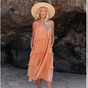 &Merci Collection BALLARD COTTON BLEND POCKETED TIERED MIDI DRESS PAPAYA M